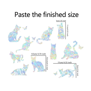 Detailed sheet showing 10 holographic cat stickers and butterflies with precise size measurements