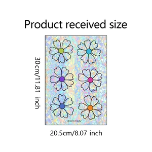 Detailed size chart showing 30x20.5cm measurements for colorful floral window stickers