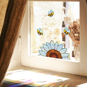 Rainbow sunflower and bee static window clings with prism light refraction effect