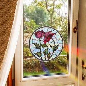 Film décoratif circulaire pour fenêtre avec motif de pavot et effet arc-en-ciel