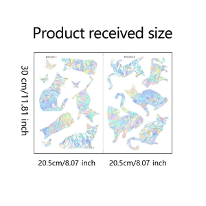 Detailed sheet dimensions of laser prism cat and butterfly window decals for glass decor
