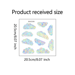 Sheet of 10 iridescent cloud window stickers with laser finish measuring 20.5cm by 20.5cm