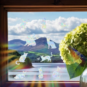 Holographic cat window stickers with rainbow light effects for glass decoration