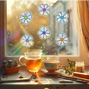 Set of 6 rainbow floral window stickers with colorful laser static cling technology