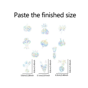 Detailed dimensions of laser vegetable window stickers showing width and height for decor