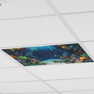 Detailed macro view of coral reef and sea turtle decal on office ceiling tiles