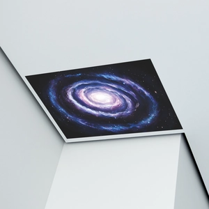 Close-up of square galaxy wall art sticker with deep blue and purple nebula patterns