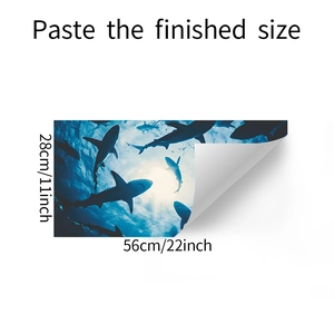 Detail view of underwater shark wall decal showing 56x28cm size and self-adhesive texture