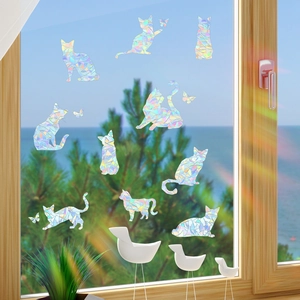 Rainbow holographic cat window stickers for home glass decoration and bird strike prevention