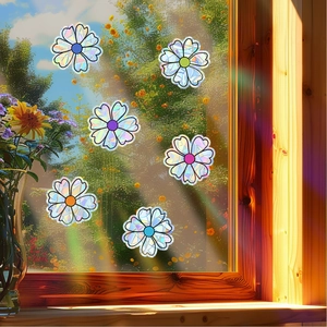 Holographic flower window stickers with rainbow light effect for home glass decoration