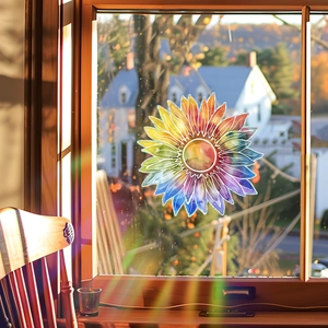 Rainbow sunflower window decal with colorful gradient effect and laser reflection for home decor