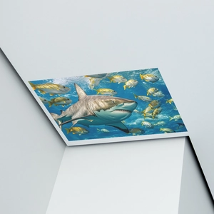 Détail de l'autocollant mural requin monde marin avec poissons jaunes sur fond blanc