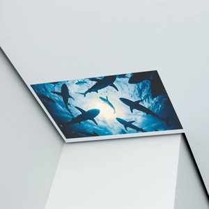 Detail view of underwater shark wall decal on a minimalist white geometric background