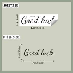 Detail view of Good Luck wall sticker showing sheet and finish dimensions in cm and inches