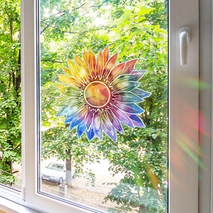 Rainbow sunflower static window cling with vibrant watercolor petals on glass window