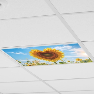 Panneau décoratif pour plafonnier avec ciel bleu, nuages blancs et tournesols éclatants