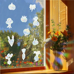 Rainbow effect window cling featuring vegetable designs for home glass decoration