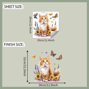 Detailed view of cartoon cat and sunflower toilet sticker set with dimension markers