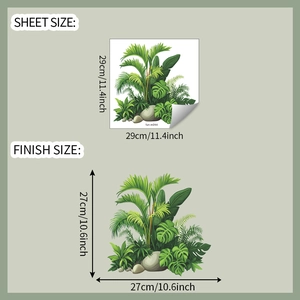 Detailed sheet dimensions of tropical palm and monstera leaf bathroom wall stickers