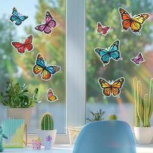 Colorful holographic butterfly window decals with rainbow laser effect on glass window