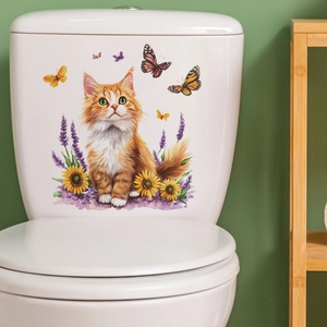 Waterproof watercolor wall decal featuring a cat, sunflowers, lavender and butterflies