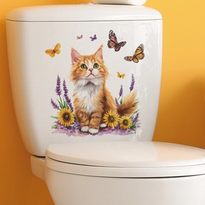 Cartoon orange cat and colorful flowers waterproof wall sticker for bathroom decor