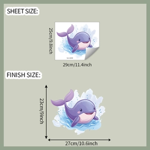 Cartoon whale bathroom sticker dimensions showing sheet and finish size of 23x27cm