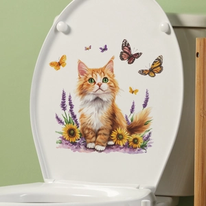 Watercolor cartoon cat and butterfly floral sticker on white ceramic toilet lid