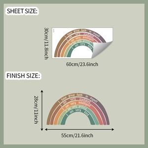 Detailed size chart for rainbow wall sticker with motivational quotes in soft Morandi colors
