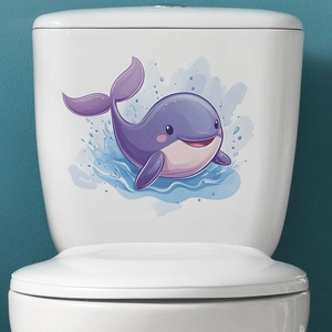 Cartoon purple whale PVC toilet sticker for bathroom decoration with blue water bubbles