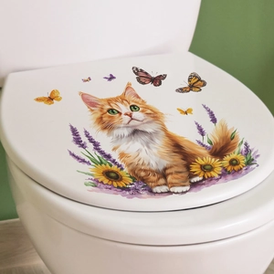 Cartoon orange cat with butterflies and flowers decorative toilet seat cover sticker