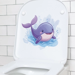 Cartoon purple whale bathroom toilet lid decal with blue water droplets for home decor