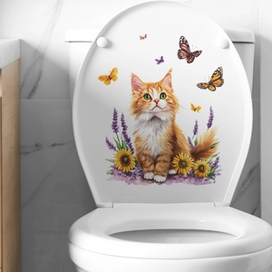 Cartoon Orange Cat Sunflower Butterfly Toilet Sticker Waterproof PVC Bathroom Decal Home Decoration Mural Art