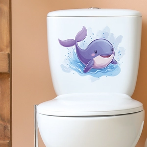 Cartoon purple whale toilet sticker with watercolor splash design for bathroom decor