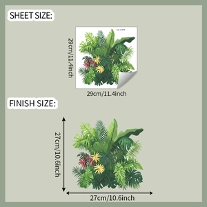 Detail showing tropical monstera leaf wall sticker sheet and finished application size