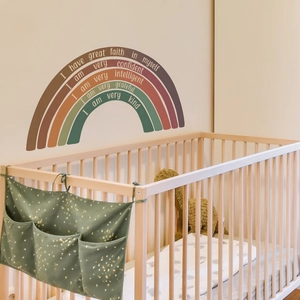 Rainbow wall decal for nursery featuring inspirational affirmations on Morandi colored arcs