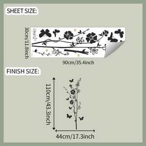 Detail view of black butterfly wall sticker sheet size and layout measurements