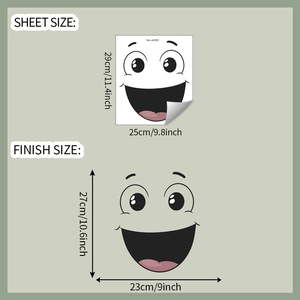 Detail view of funny cartoon laughing face wall decal showing sheet and applied dimensions