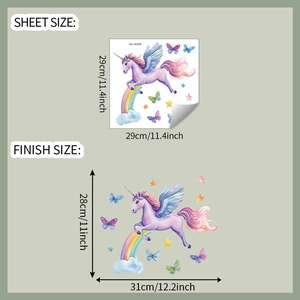 Detailed sheet size and finish dimensions for cartoon unicorn and rainbow wall sticker