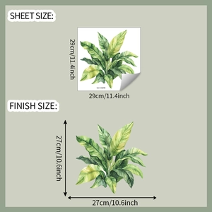 Detailed sheet and finish size dimensions for tropical banana leaf bathroom wall decals