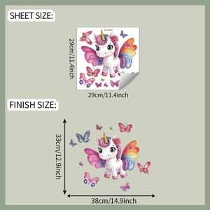 Detail view of sheet and finish size for cartoon unicorn and butterfly toilet stickers