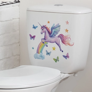Cartoon unicorn and rainbow wall sticker for bathroom toilet decoration with butterflies