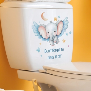 Cartoon elephant and stars wall sticker with text Don't forget to rinse it off on toilet tank