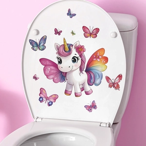 Cartoon unicorn and colorful butterfly toilet lid decal for bathroom home decoration