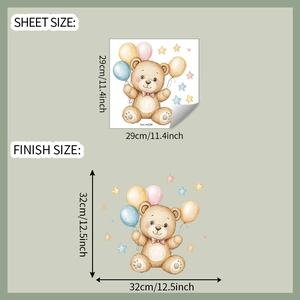 Detailed sheet and finish size specifications for the cute cartoon bear wall sticker