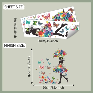Détail de stickers muraux fille papillon floral avec dimensions de mise en page 30x90cm