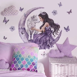 Stickers muraux féeriques avec fille, loup, lune et papillons dans les tons violets