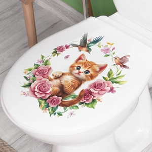Autocollant de couvercle de toilette chat et roses roses imperméable pour décoration de salle de bain