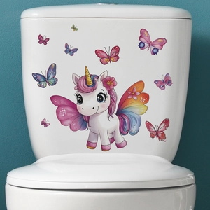 Cartoon unicorn and butterfly toilet wall decals for colorful bathroom home decoration