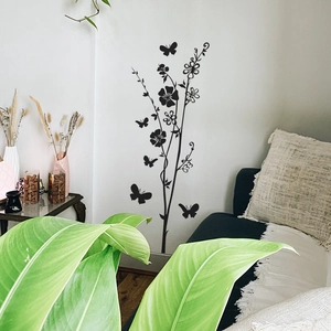 Minimalist black floral branch and butterfly wall stickers for home living room decor